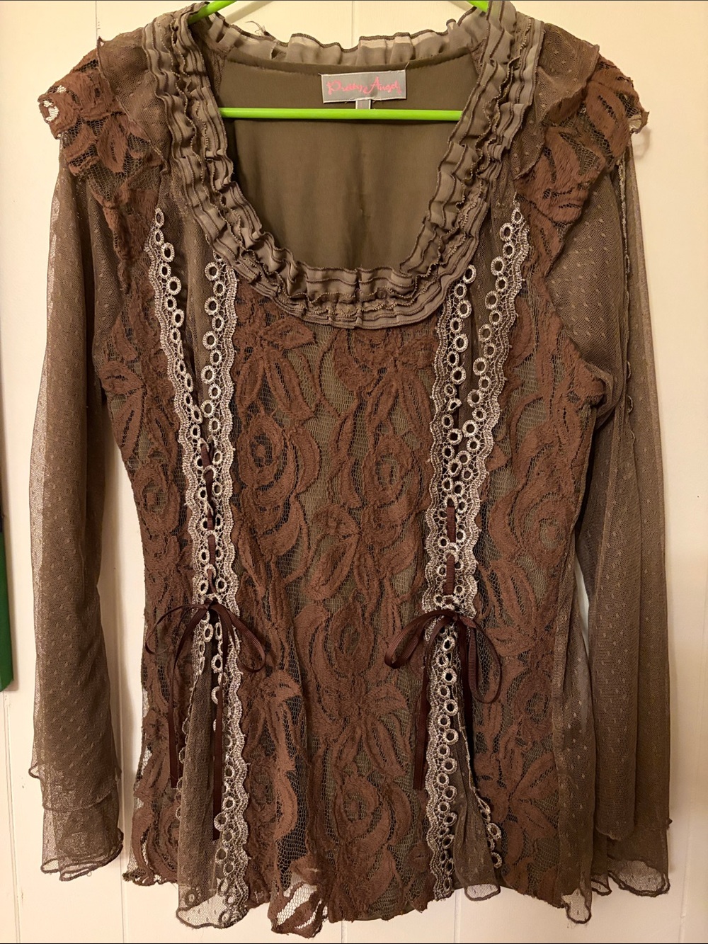 Pretty Angel Brown Lace Long-Sleeve Floral Top